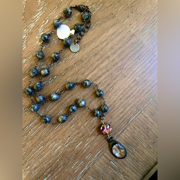 Short Black Marbled Linked Bead Necklace Crystal Amber Drop Choker - Picture 4 of 5